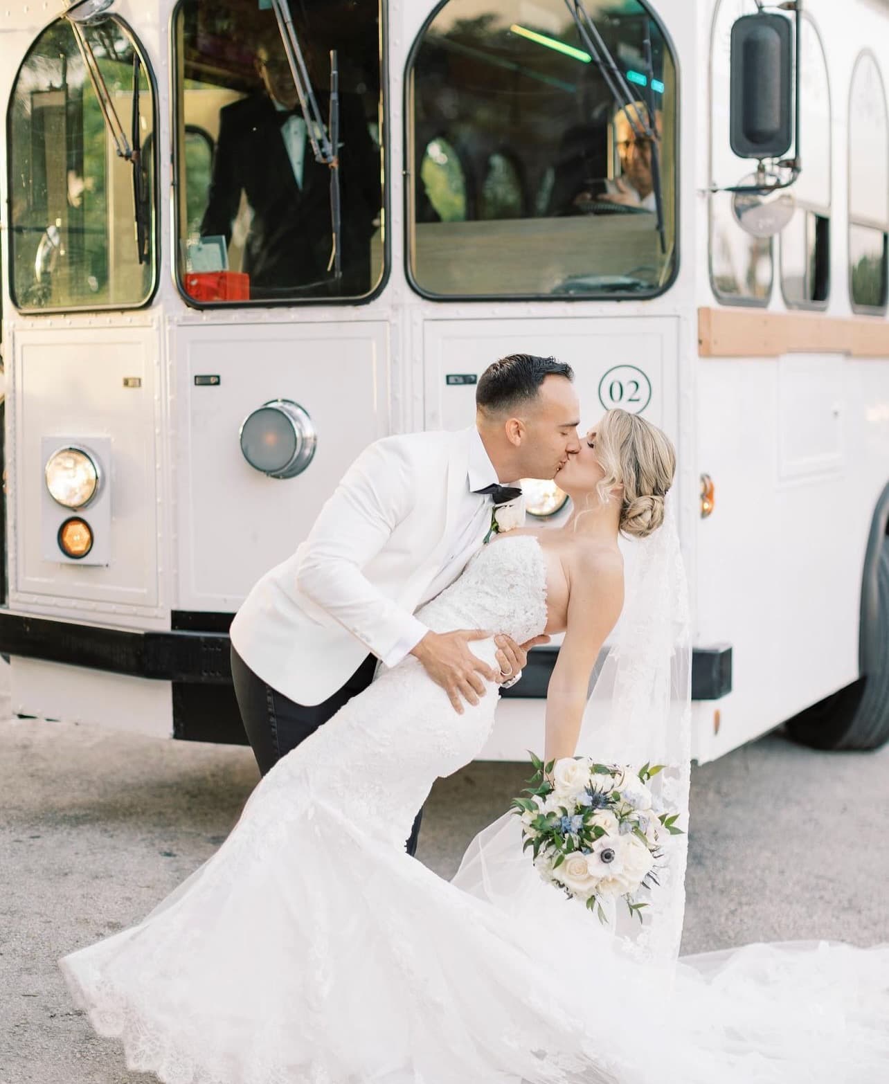 Bride and groom by trolley